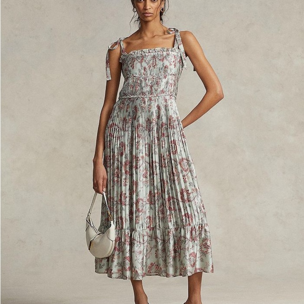Ralph Lauren Pleated Floral Satin Maxi Dress